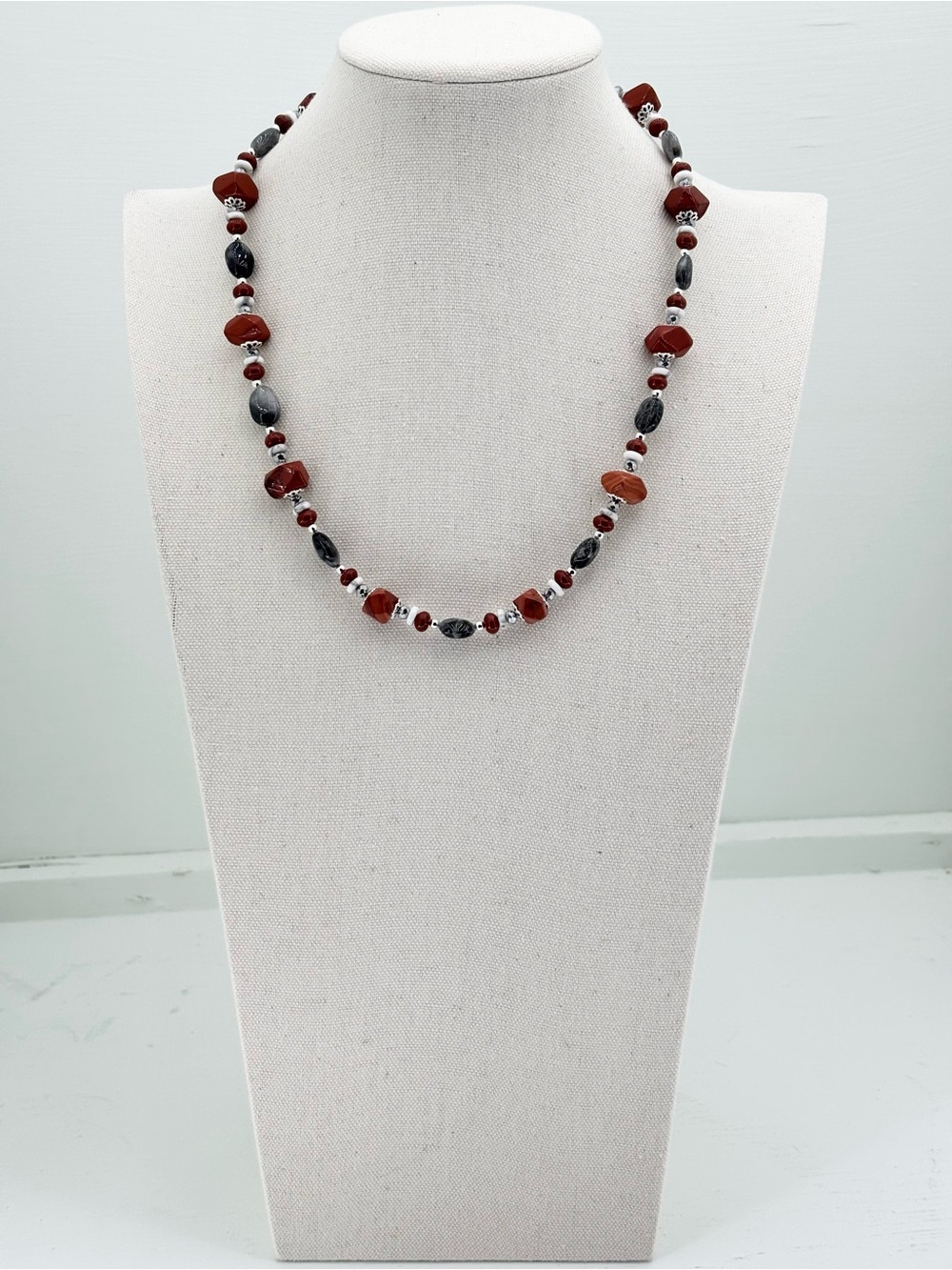 Red Jasper, Black Rutile Quarts, Hematite, Silver crystal necklace.